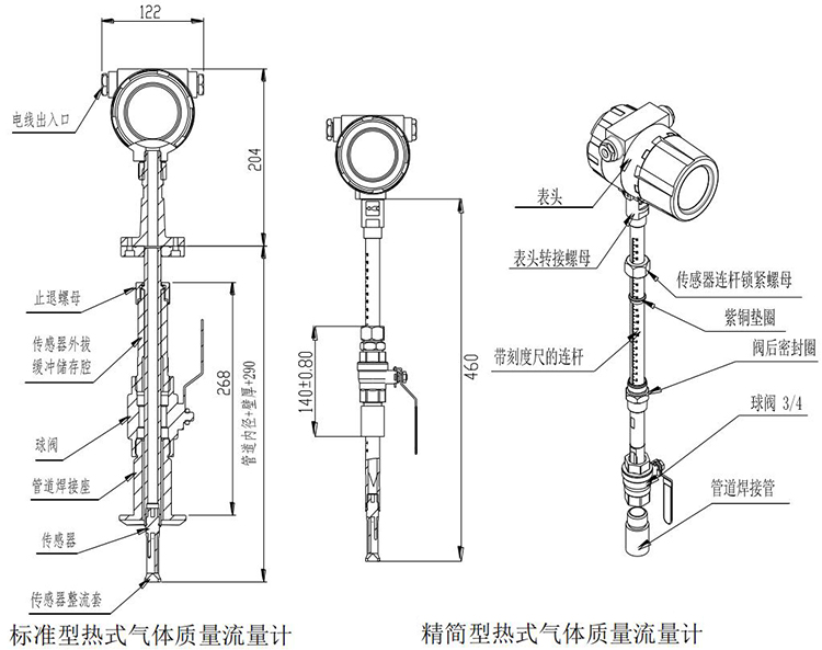 热式气体质量流量计插入式结构尺寸图