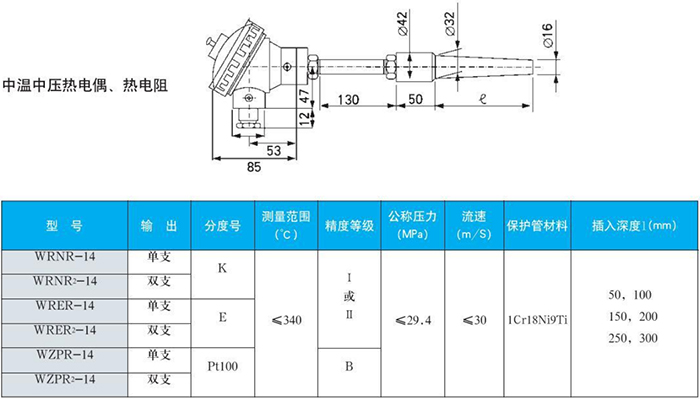 法兰式热电偶中温中压规格表